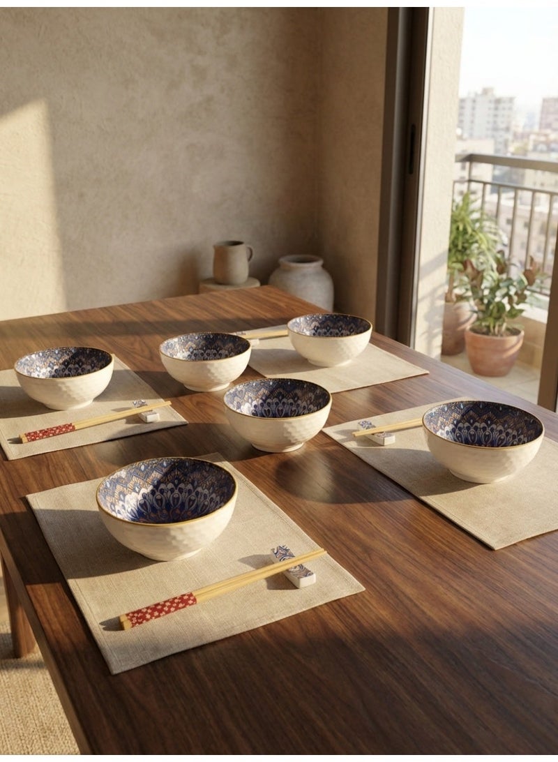 CASA HOME 6-Piece Porcelain Rice & Soup Bowl Set Bohemian Pattern Gold-Rim Accent Egypt - Image 3